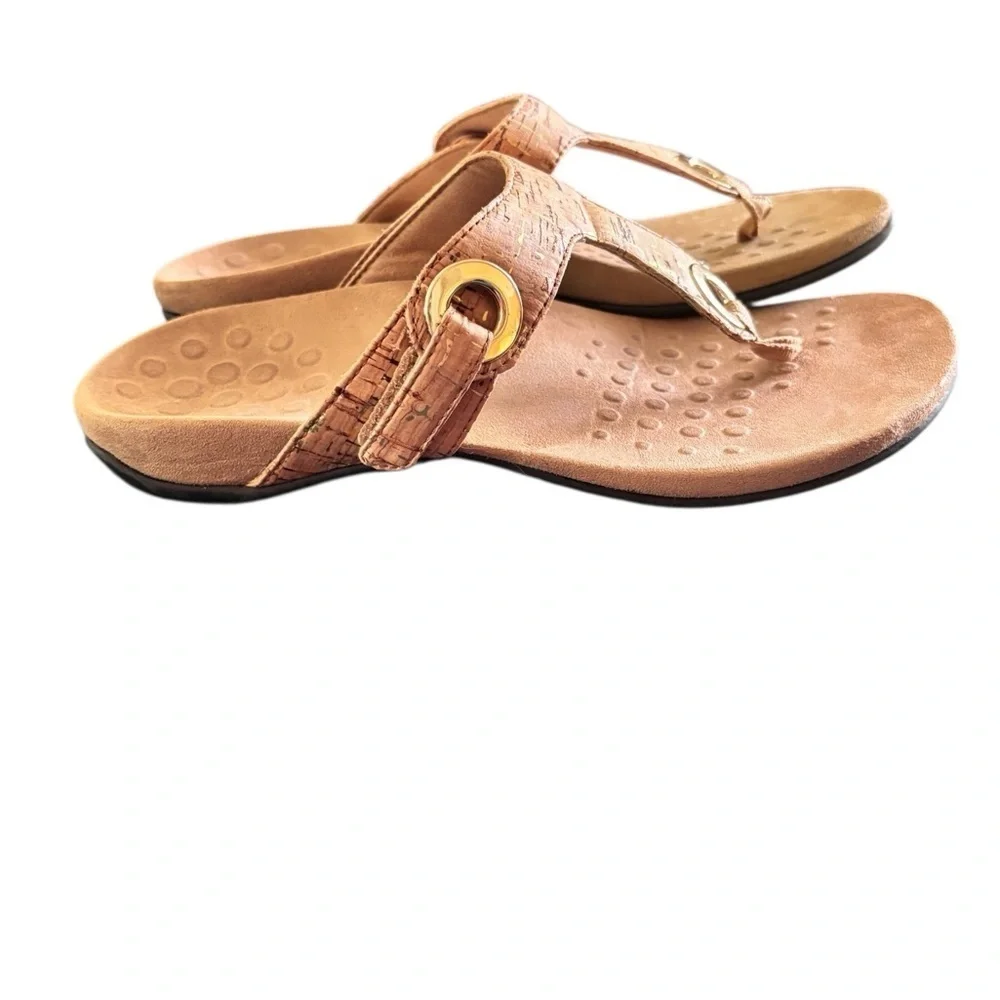 Vionic Lana Taupe/Gold Cork Thong Sandal Slide Sz 8 Comfort Podiatrist Crafted